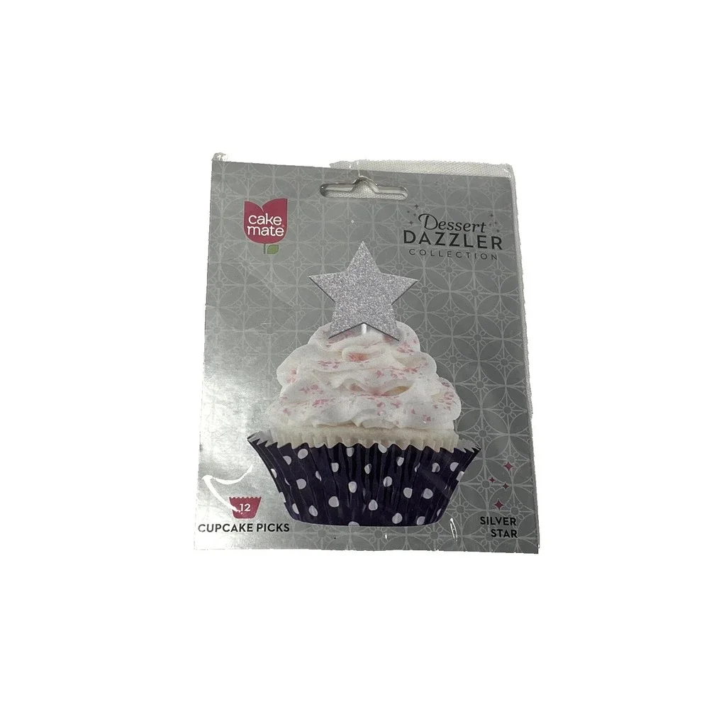 cake mate dessert dazzler collection 12 CT silver‎ glitter stars cupcake toppers